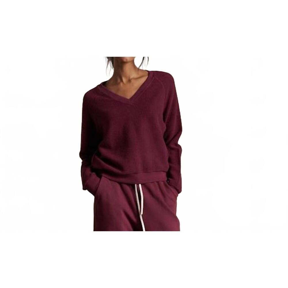 perfectwhitetee Zuri Women's V-Neck reverse fleece sweatshirt in Burgundy